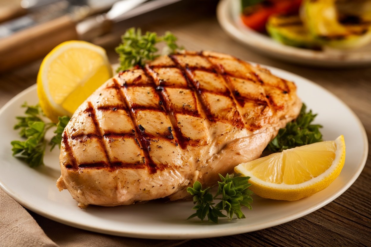 Grilled Lemon Herb Chicken Breast Recipe Grilled chicken breast with lemon slices and parsley on a plate, accompanied by grilled vegetables.